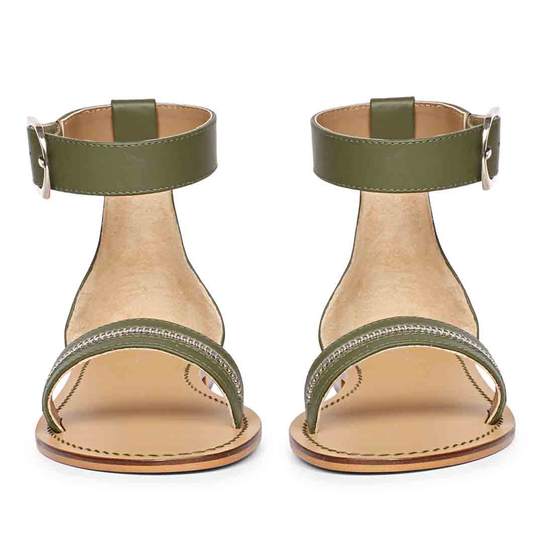 Saint Donelle Zip Decor Olive Leather Sandals