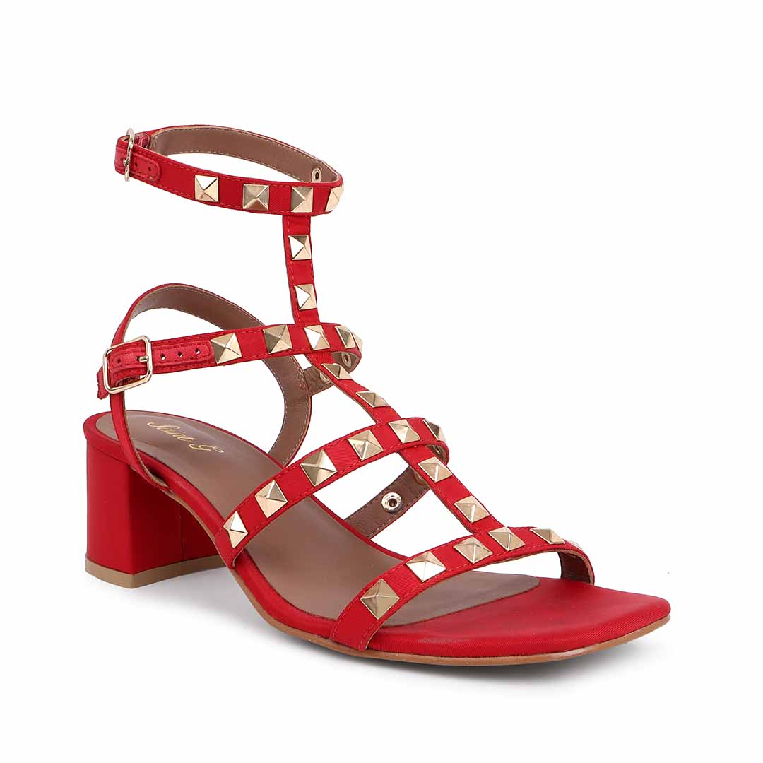 Saint Angela Red Leather Metal Studded Block Heels
