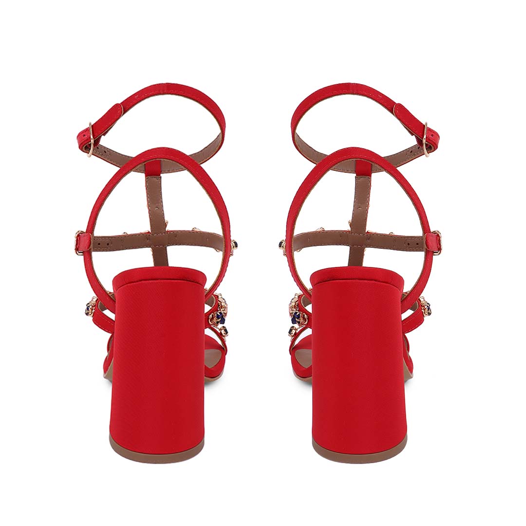 Saint Gretel Multi Stone Embellished Red Cage Block Heels