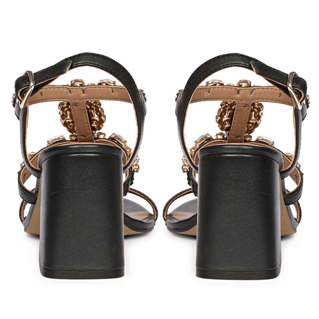 Saint Enriqueta Stone Adorned Black Leather Block Heels