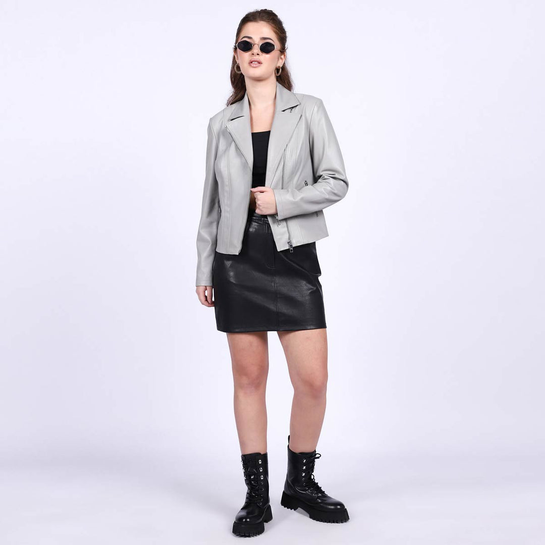 Saint Ginevra Grey Leather Women Biker Jackets