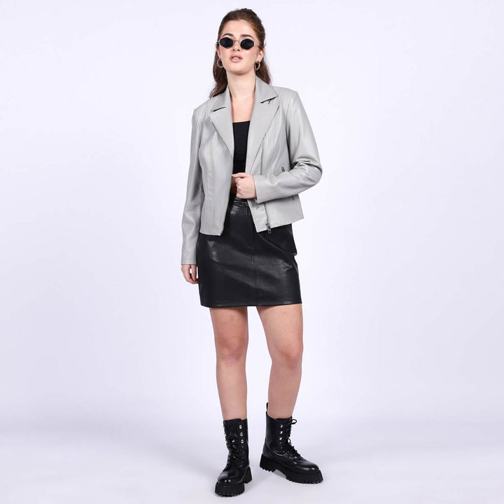 Ginevra Grey women black leather biker jacket