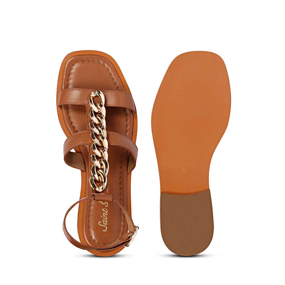 Saint Genesis Golden Chain Decor Brown Leather Sandals