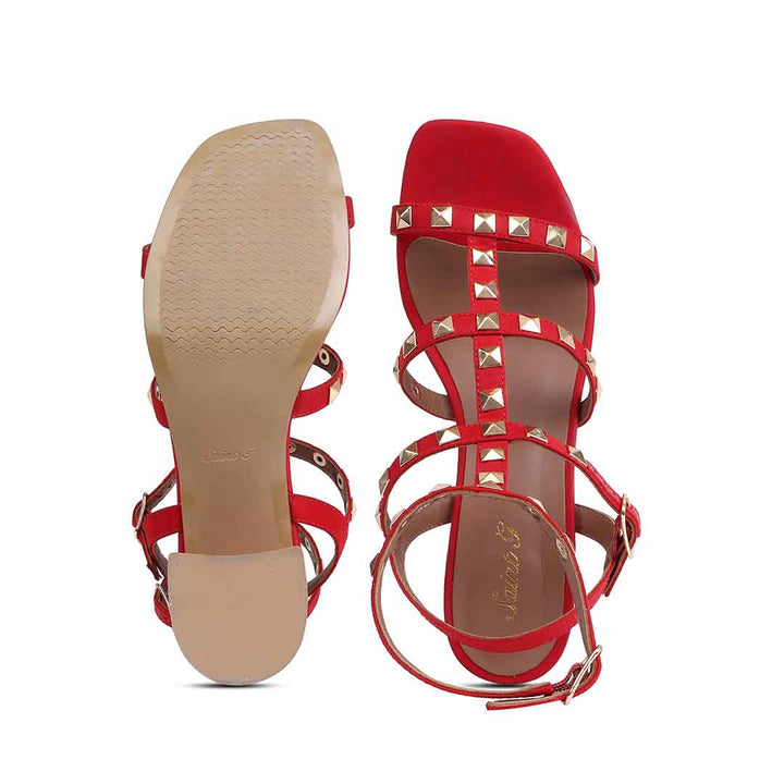 Saint Angela Red Leather Metal Studded Block Heels