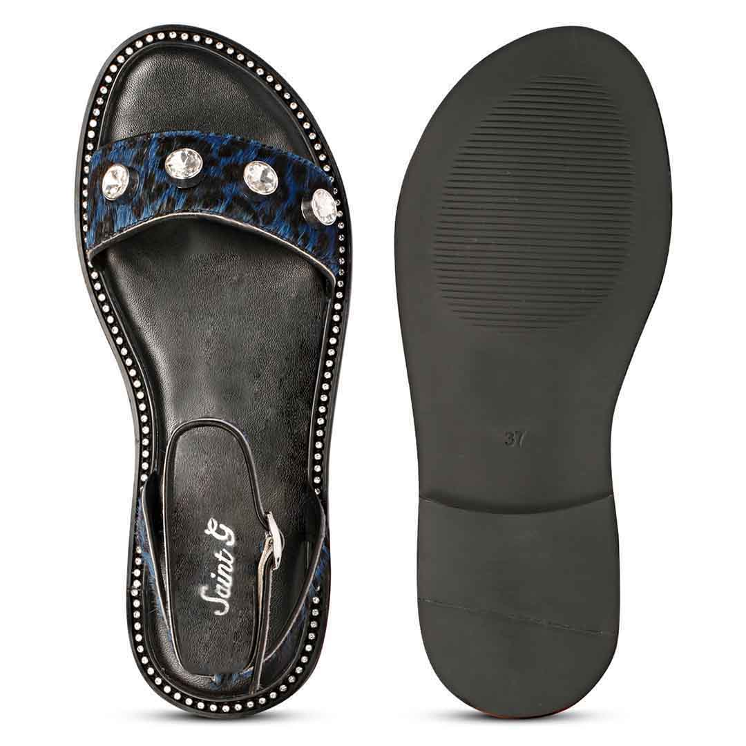 Saint Izola Stone Studs Blue Leo Print Leather Sandals