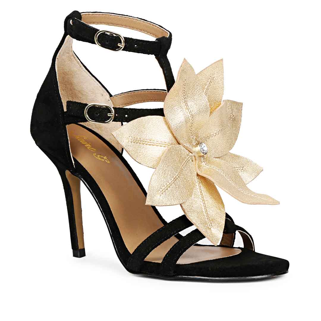 Saint Lilly Gold Flower Embellished Black Leather Stilettos