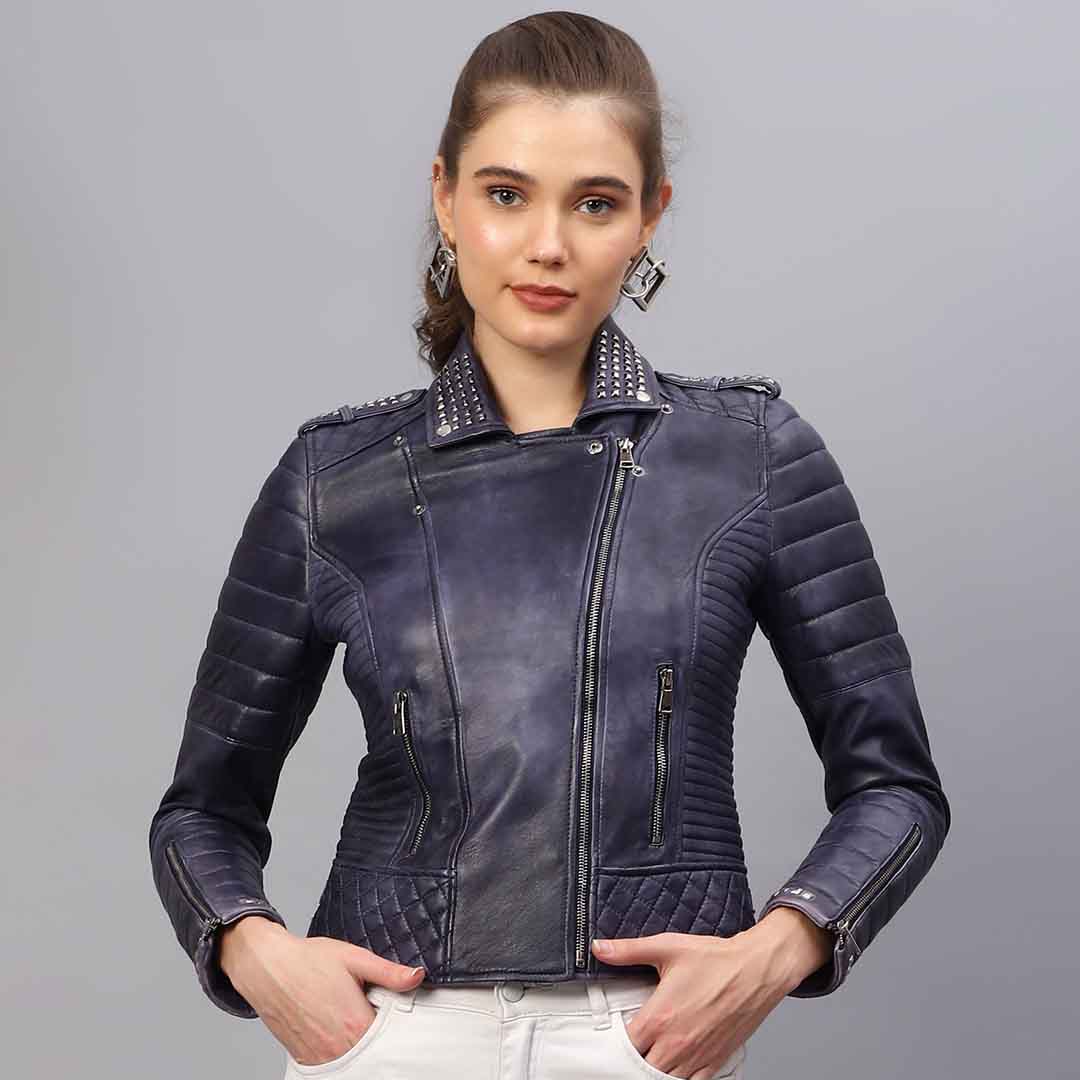 Saint Brielle Women Blue Leather Biker Style Jackets
