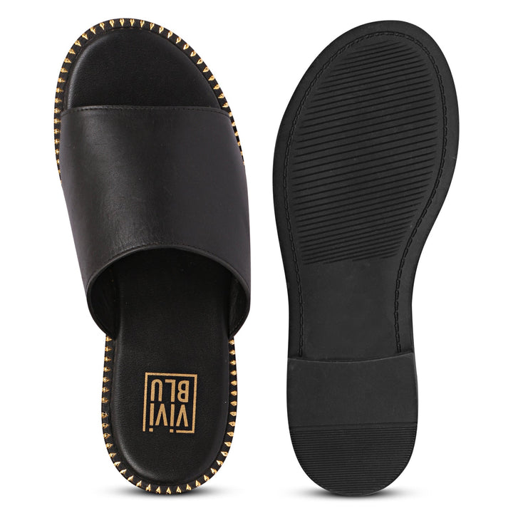 Sariel Black Leather Flat Sandals