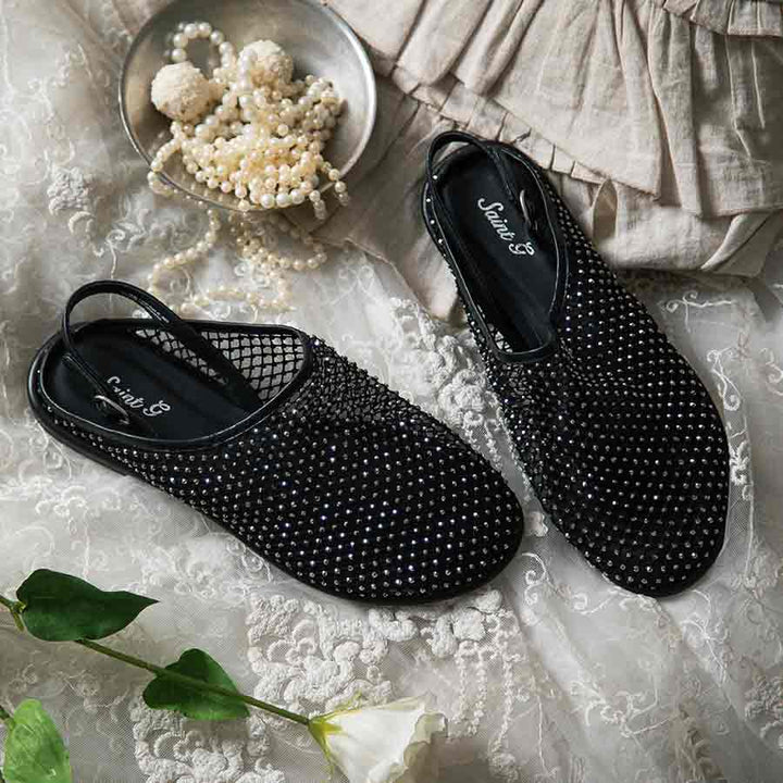 Saint Elira Strass Embellished Black Mesh & Leather Flats