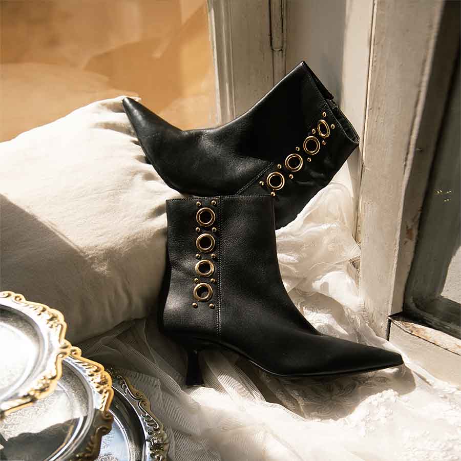 Saint Noelle Embellished Black Leather Kitten Heel Ankle Boots