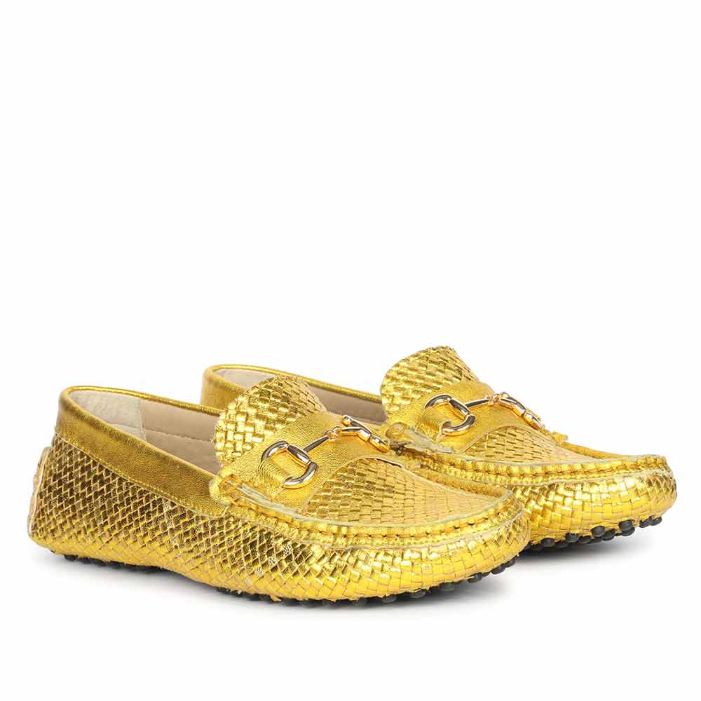 Saint Aurora Mustard Woven Leather Horsebit Loafers