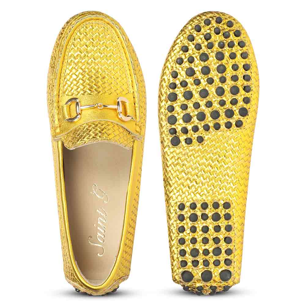 Saint Aurora Mustard Woven Leather Horsebit Loafers