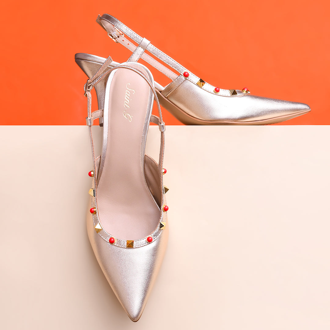 Saint Petra Studded Metallic Gold Leather Pumps