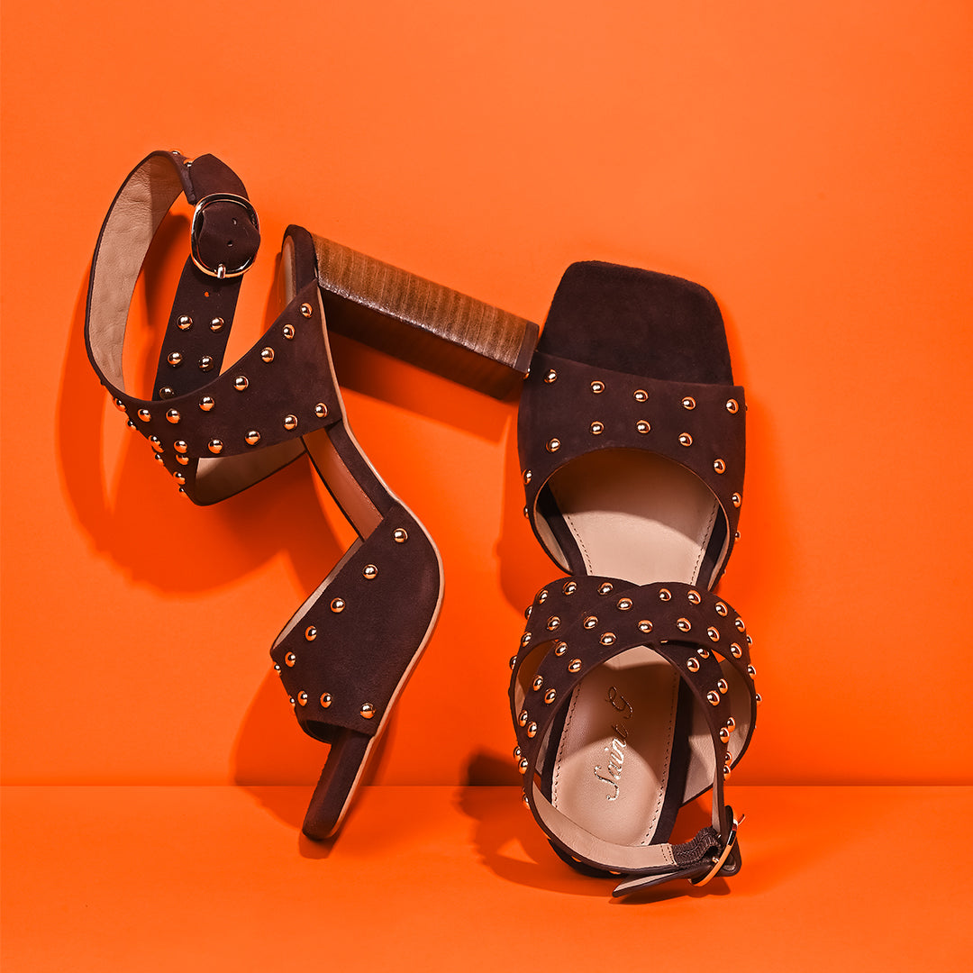 Saint Maren Studded Brown Suede Leather Heels