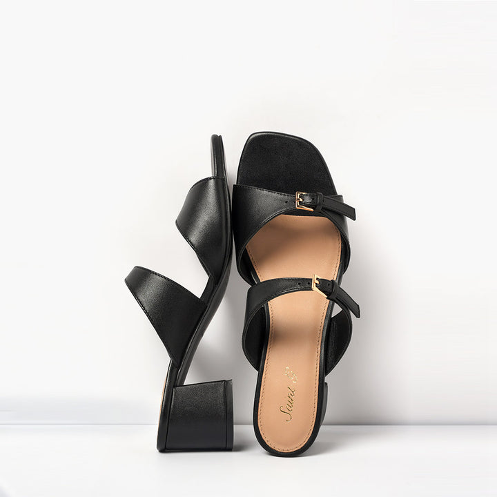 Saint Ellery Buckle Black Leather Block Heel Sandals