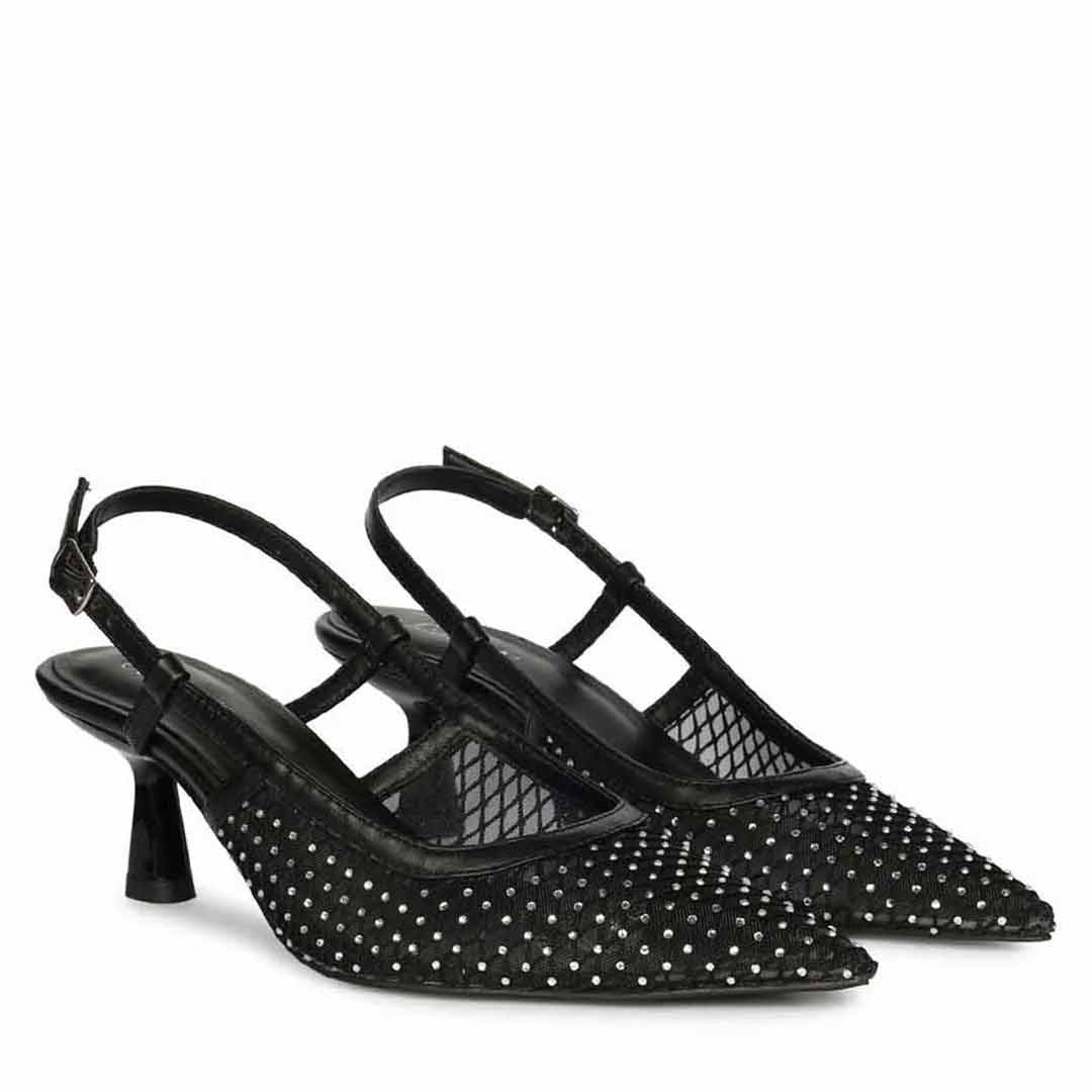 Saint Twila Crystal Embellished Black Leather Slingbacks