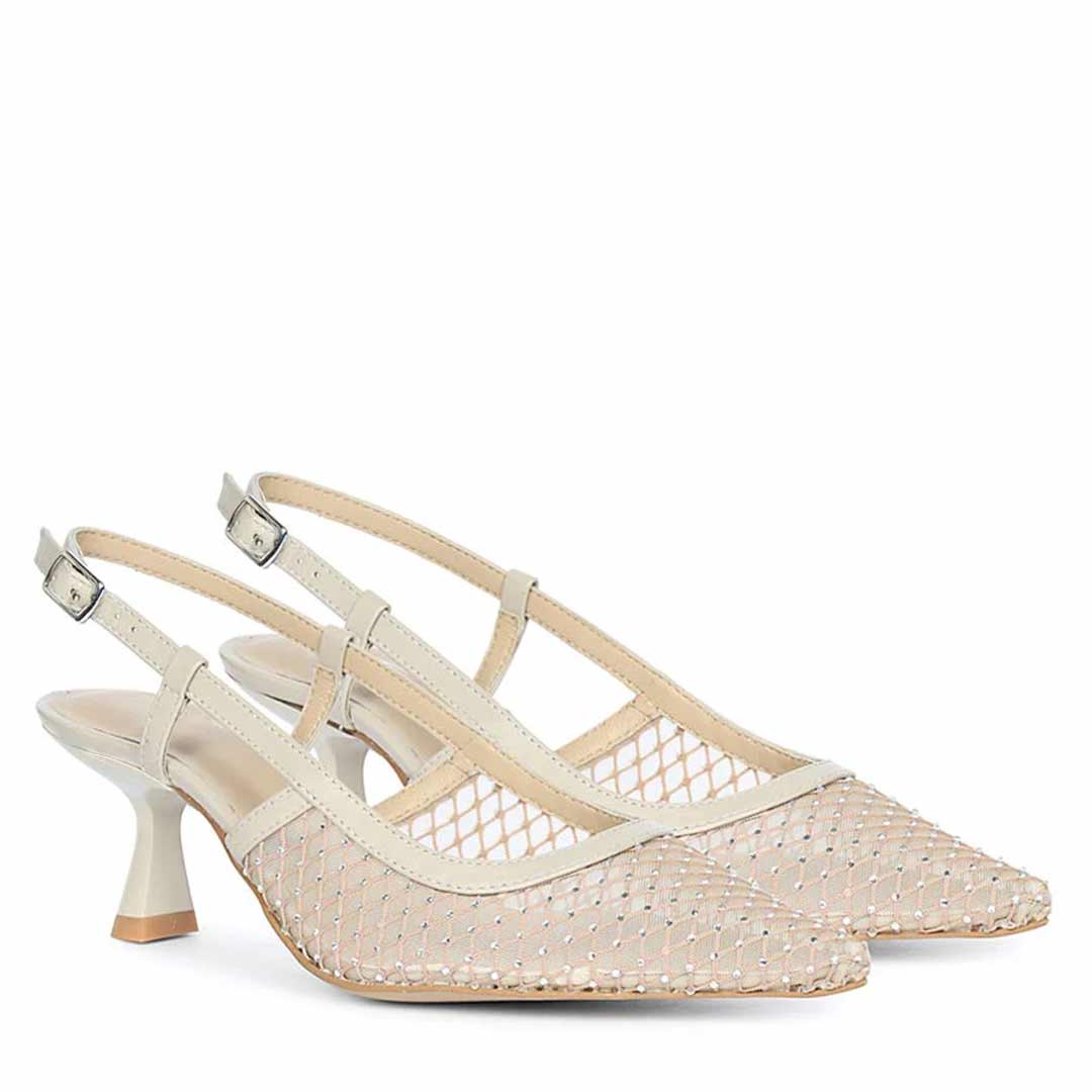 Saint Twila Crystal Embellished Beige Leather Slingbacks