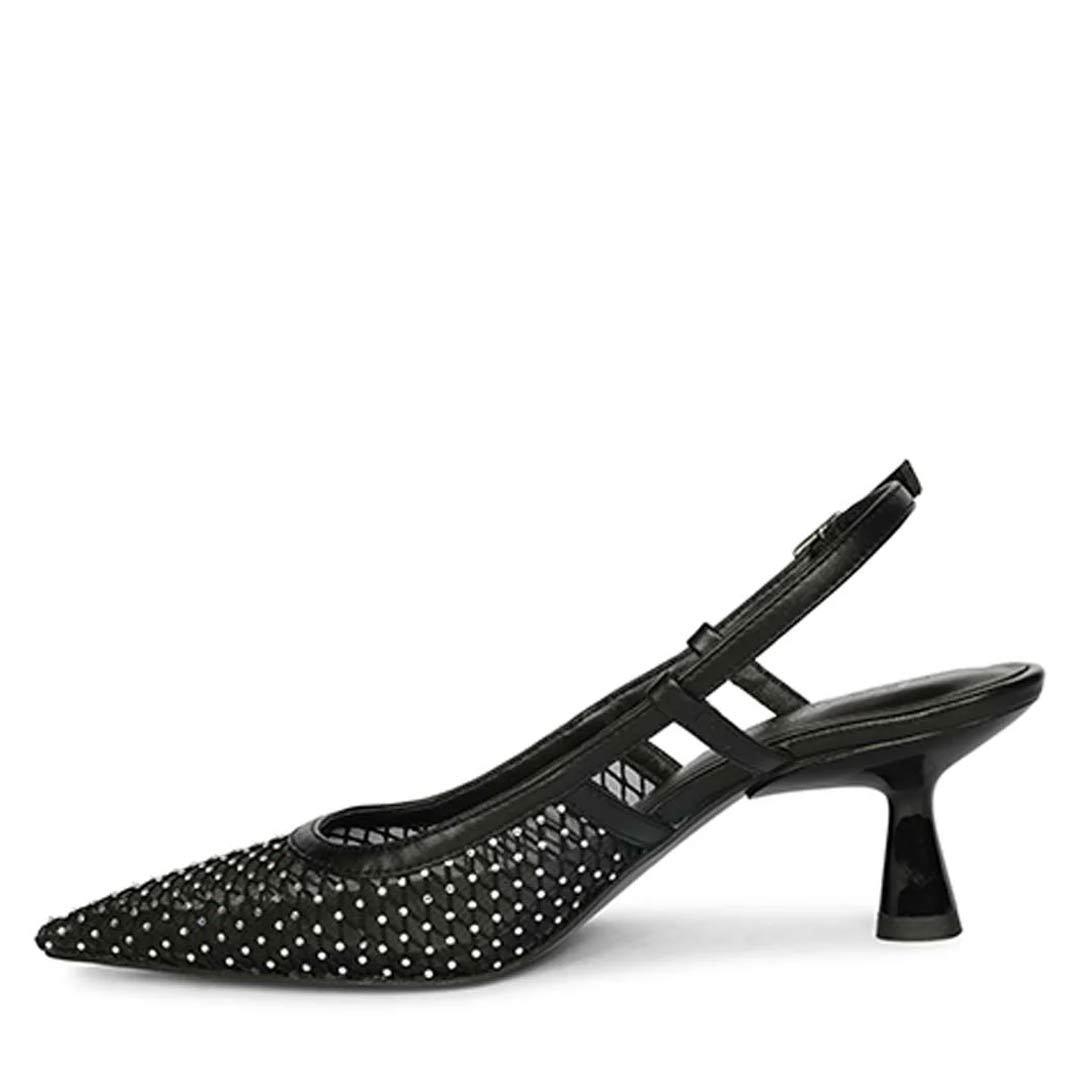 Saint Twila Crystal Embellished Black Leather Slingbacks