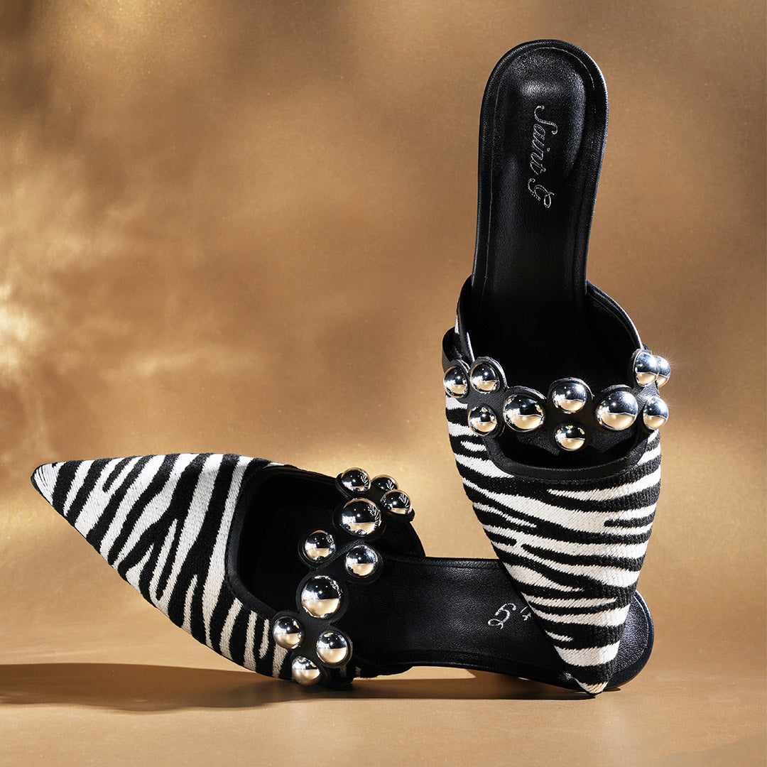 Saint Xenia Zebra Studded Strap Leather Pointed Heels