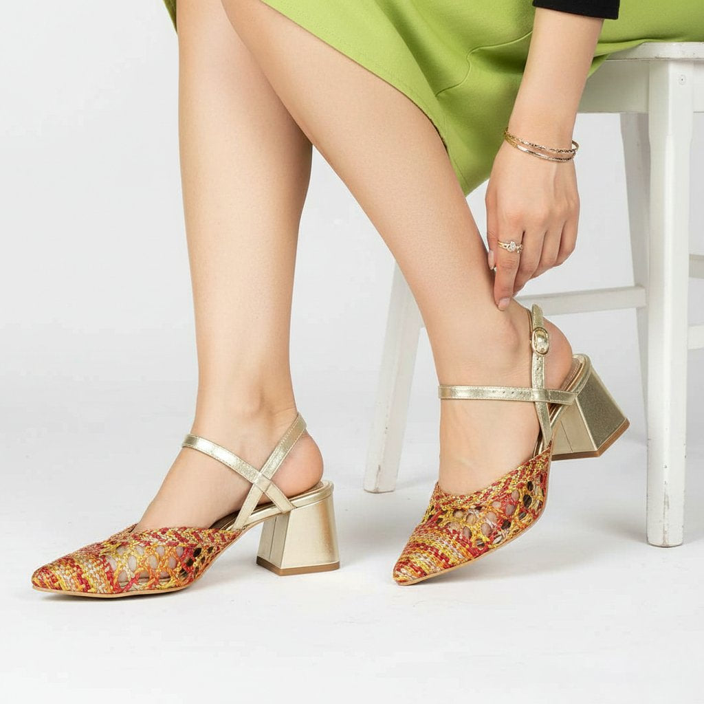 Saint Cianna Orange Multi Hand-Woven Leather Block Heels