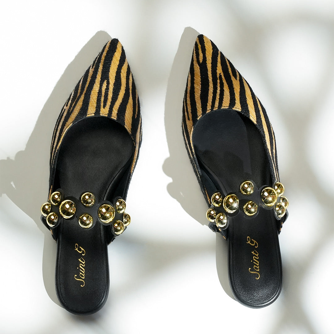 Saint Danika Beige Zebra Studded Leather Flats