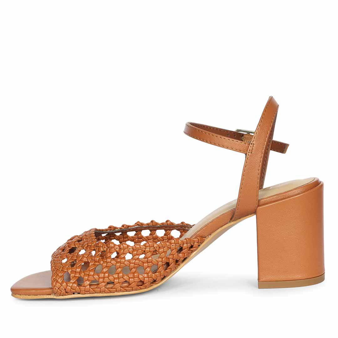 Saint Felicia Tan Woven Metallic Leather Block Heels