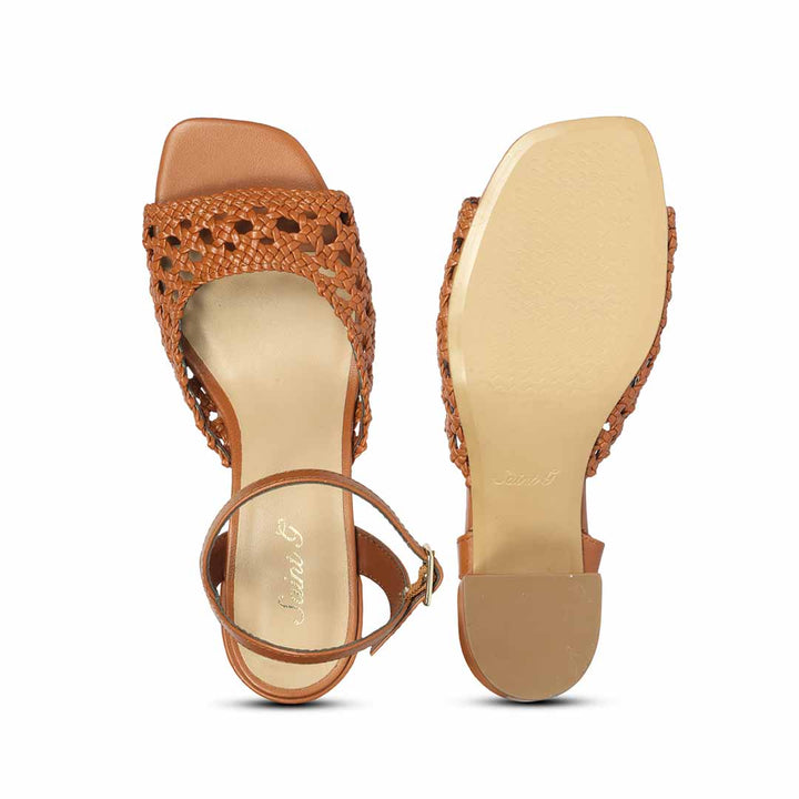 Saint Felicia Tan Woven Metallic Leather Block Heels
