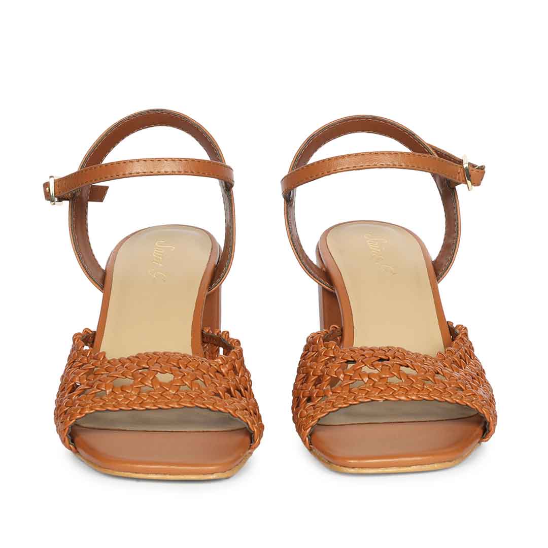 Saint Felicia Tan Woven Metallic Leather Block Heels