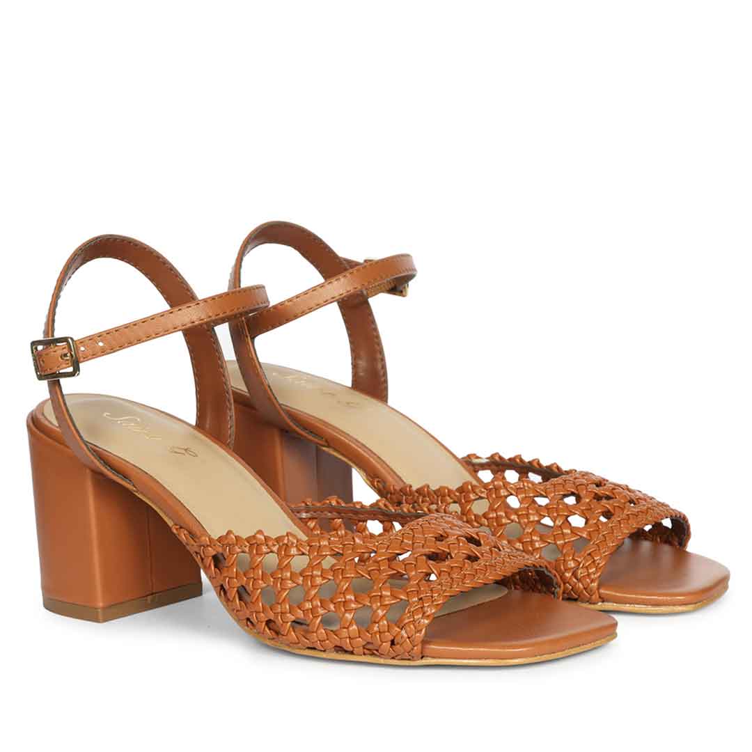 Saint Felicia Tan Woven Metallic Leather Block Heels