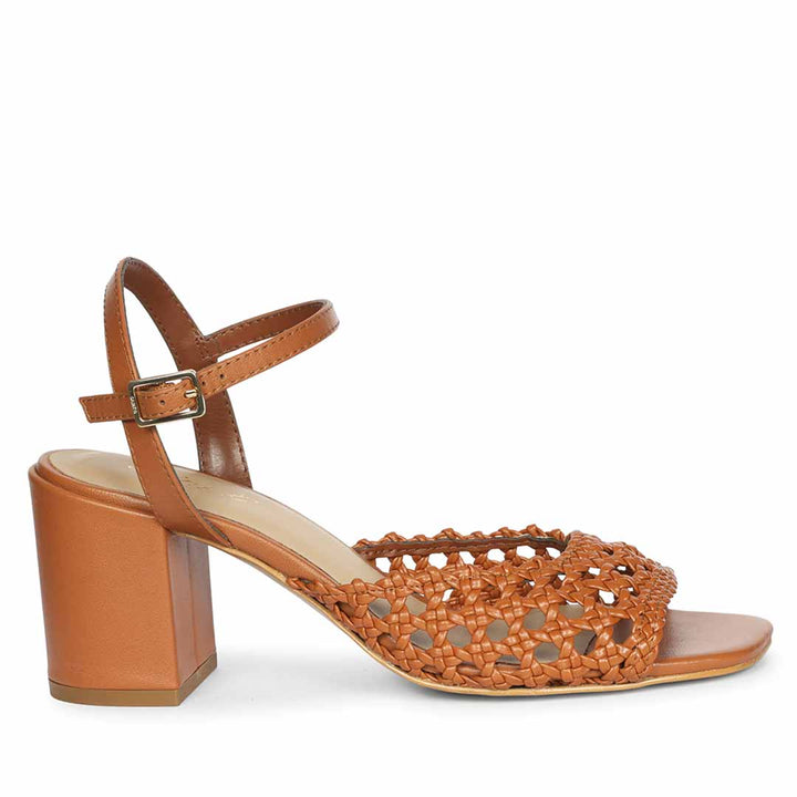 Saint Felicia Tan Woven Metallic Leather Block Heels
