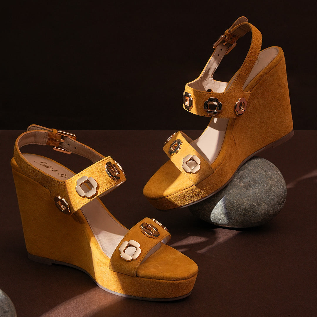 Saint Nerina Golden Mustard Suede Leather Wedge Heels