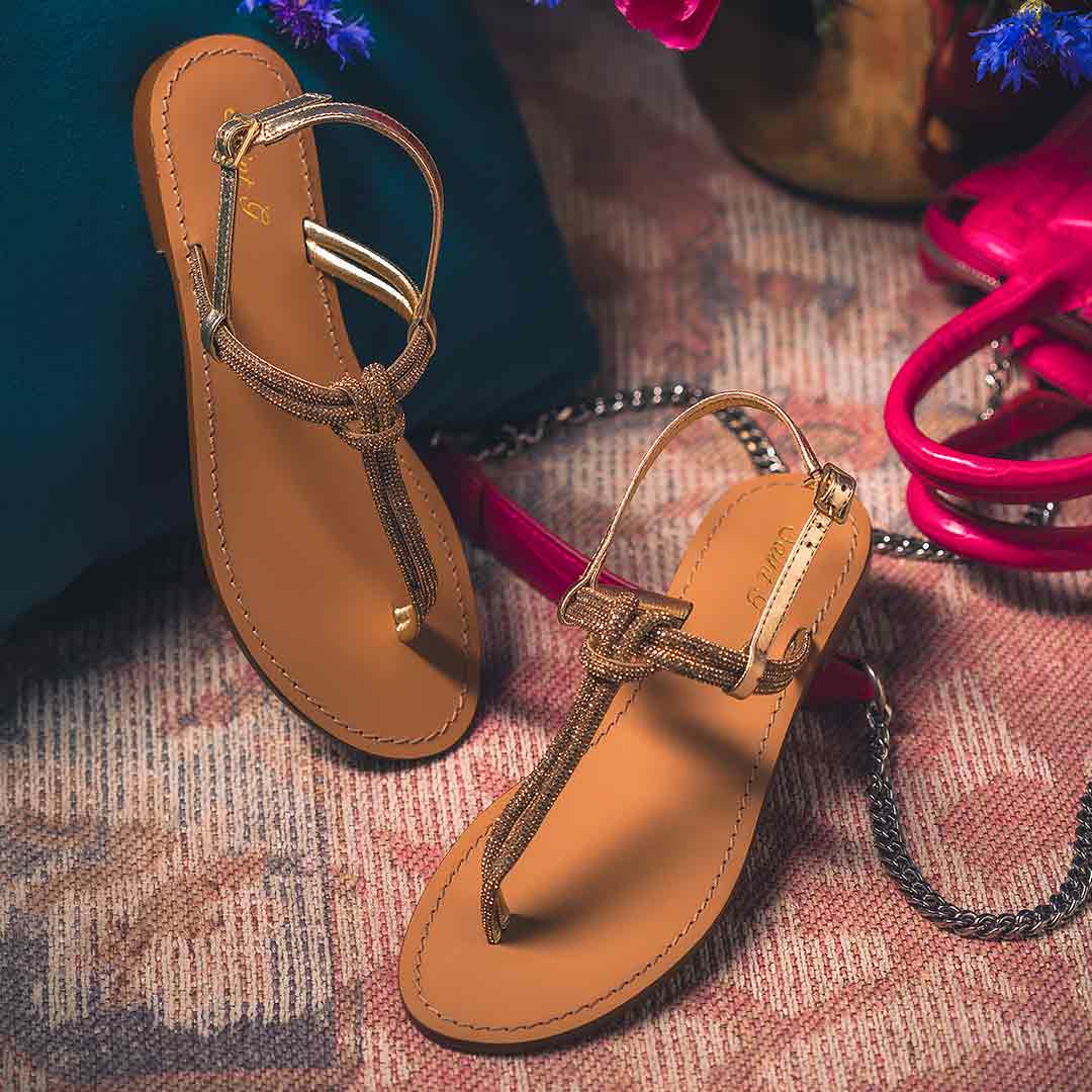 Saint Elsie Crystal Cord Amber Leather Flat Sandals