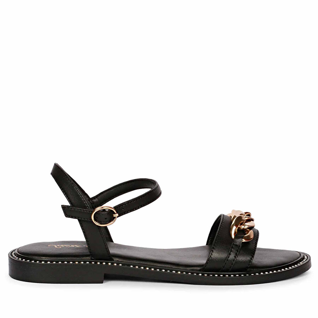 Saint Bellini Gold Chain Decor Black Leather Sandals