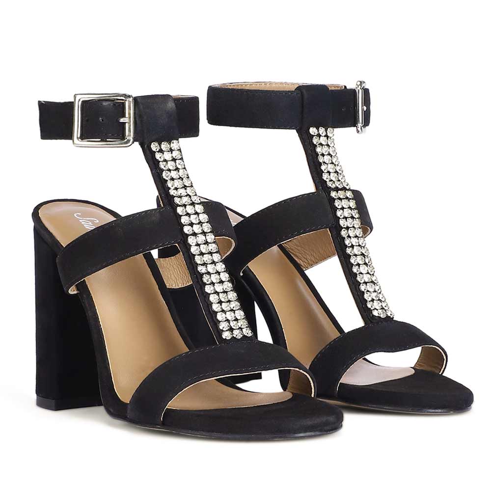 Saint Silvia Jewel Stone Decor Black Suede Leather Heels
