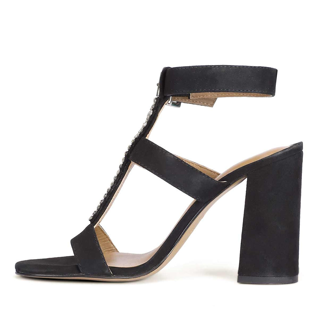 Saint Silvia Jewel Stone Decor Black Suede Leather Heels