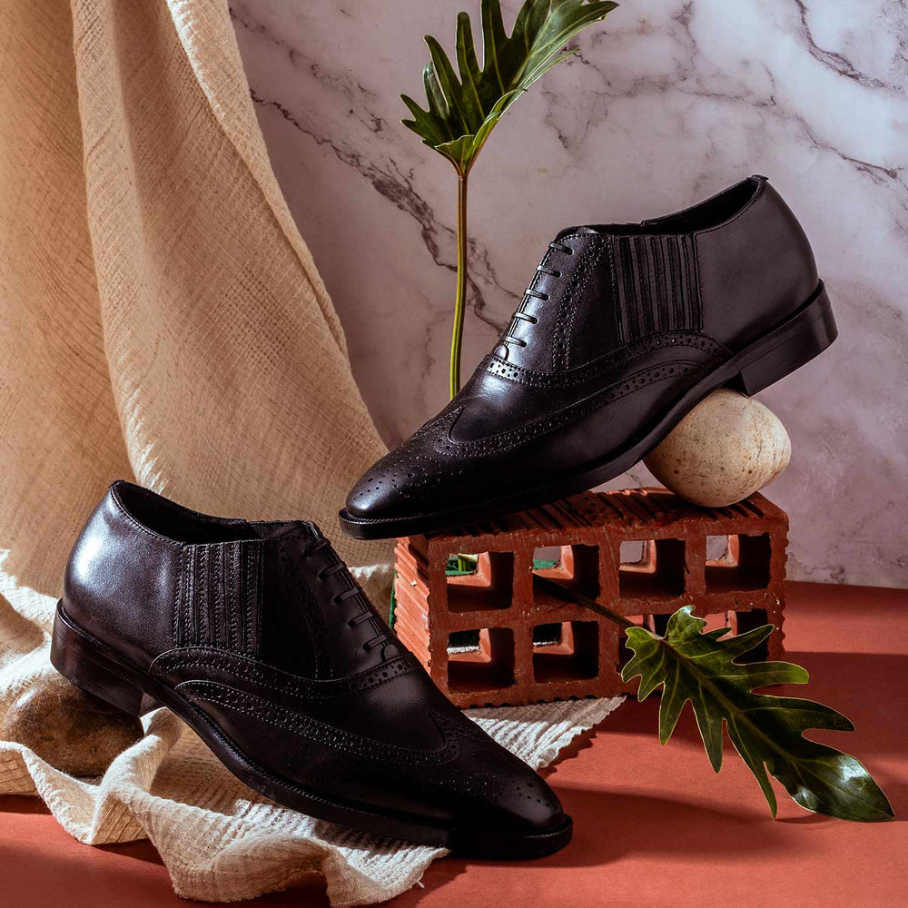 Black Leather Square Toe Lace Up Décor Shoes for mens