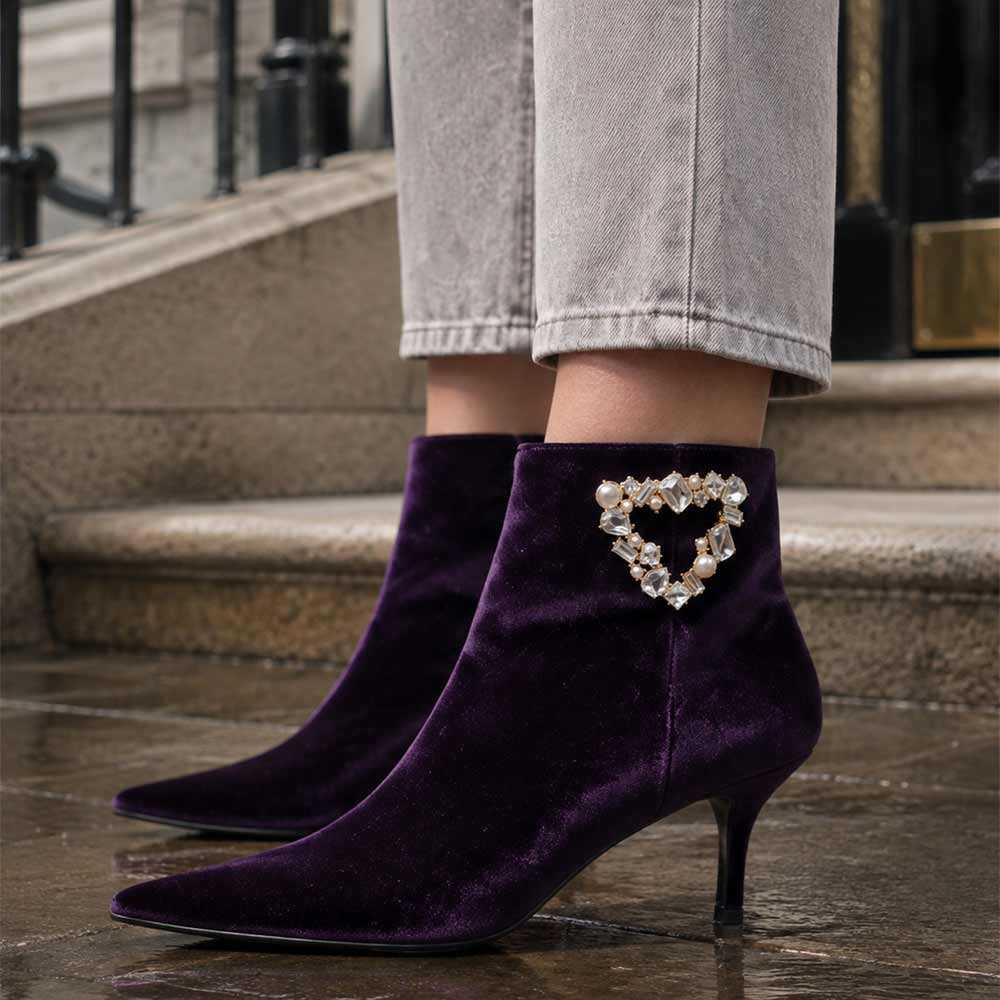 Saint Amoura Triangular Crystal Purple Velvet Ankle Boots