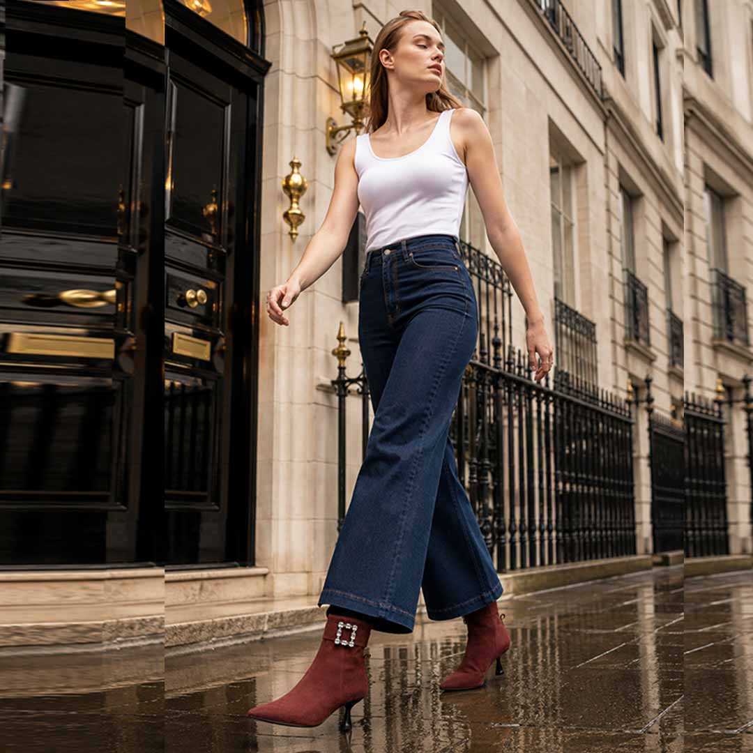 Saint Everly Crystal Buckle Bordo Leather Ankle Boots