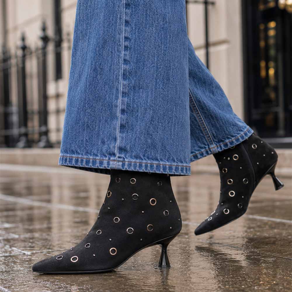 Saint Orla Black Suede Leather Eyelet Ankle Boots