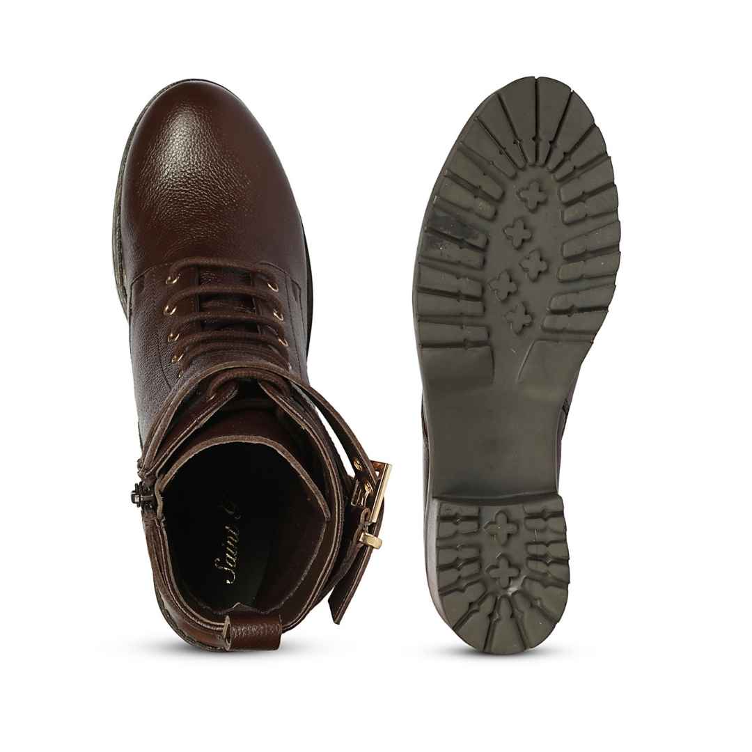 Saint Lucero Buckle Decor Brown Leather High Ankle Boots