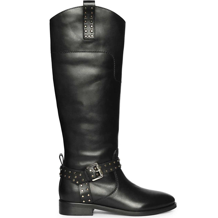 Saint Soraya Studded Buckle Black Leather Long Boots