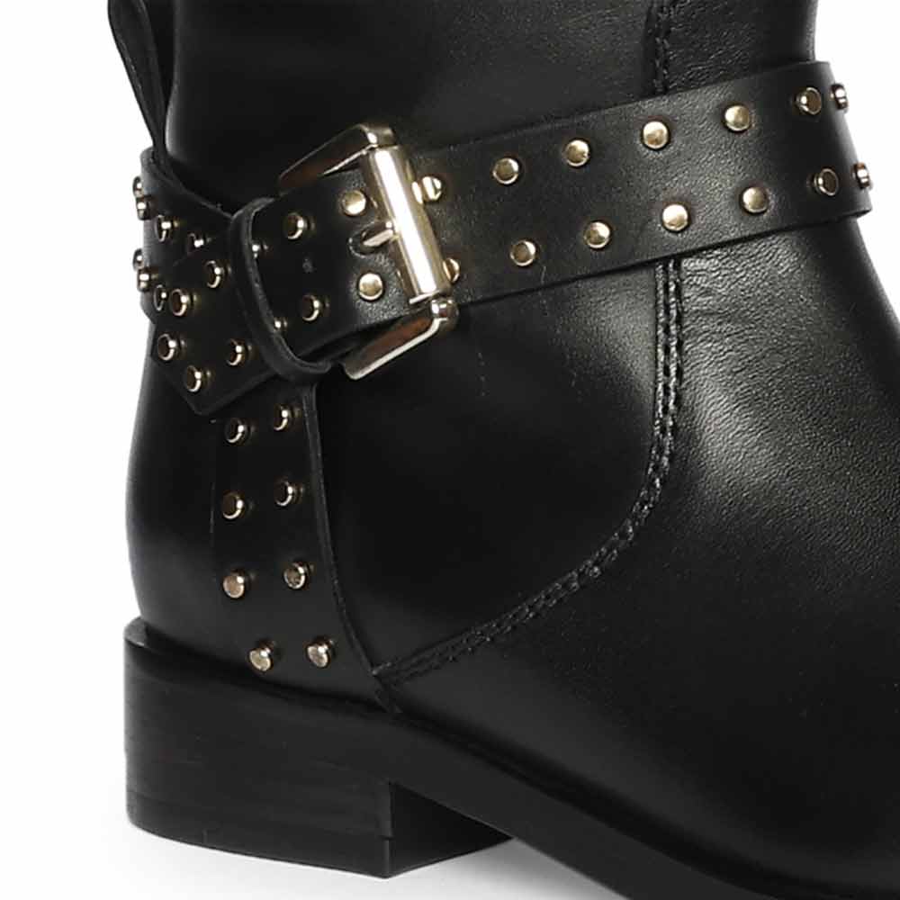 Saint Soraya Studded Buckle Black Leather Long Boots