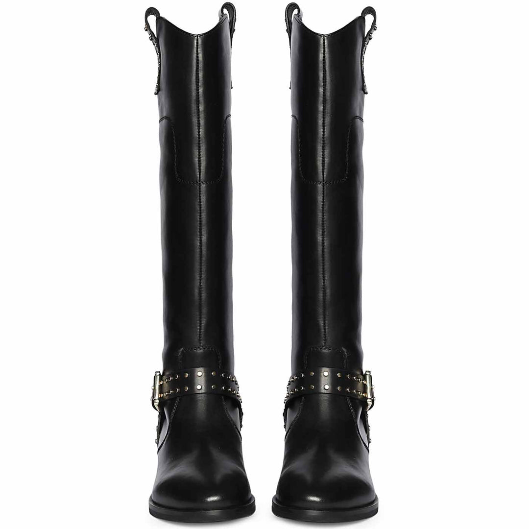 Saint Soraya Studded Buckle Black Leather Long Boots