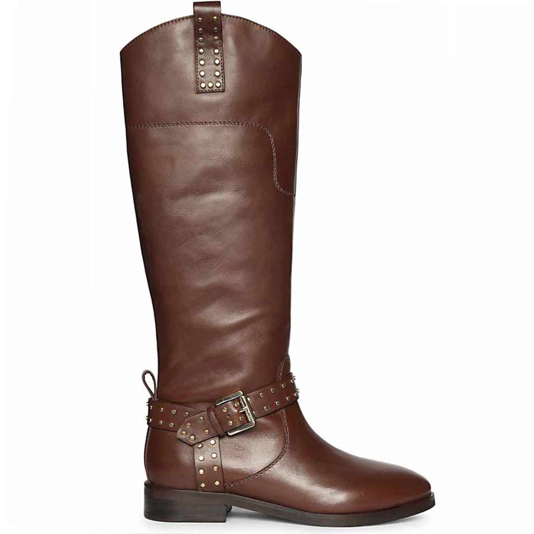 Saint Soraya Studded Buckle Brown Leather Long Boots