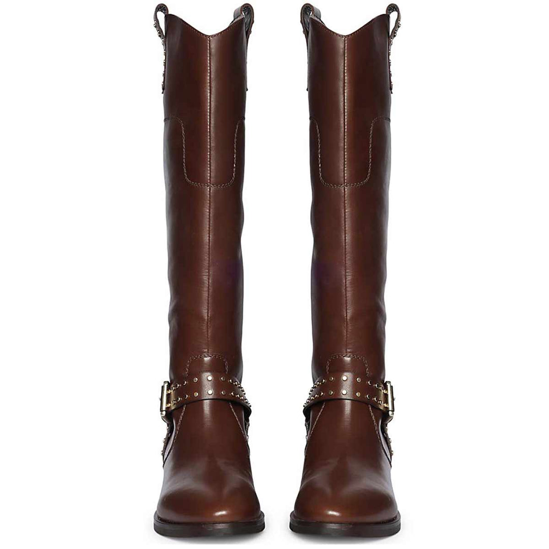 Saint Soraya Studded Buckle Brown Leather Long Boots