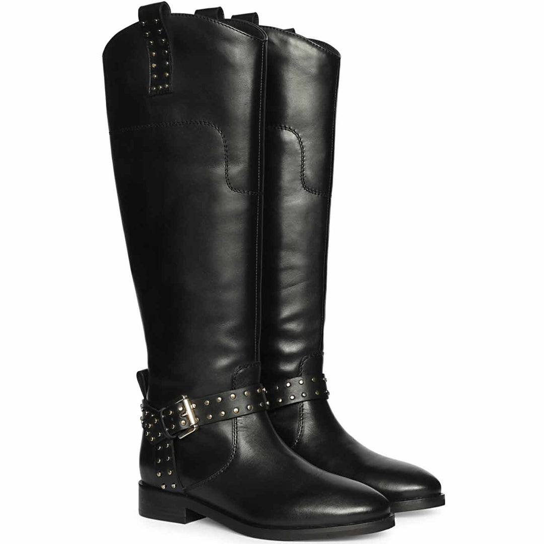 Saint Soraya Studded Buckle Black Leather Long Boots