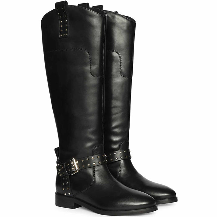 Saint Soraya Studded Buckle Black Leather Long Boots