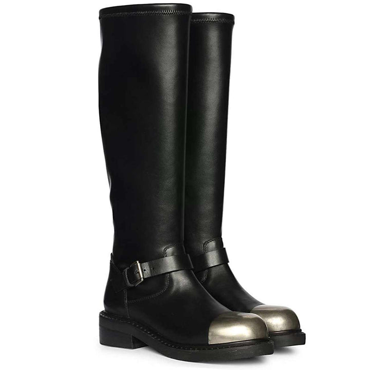 Saint Ember Metal Toe Buckle Strap Black Stretch Napa Long Boots
