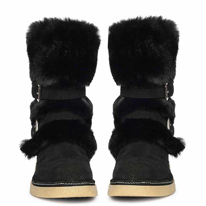 Saint Montova Black Leather Shearling Buckle Fur Boots