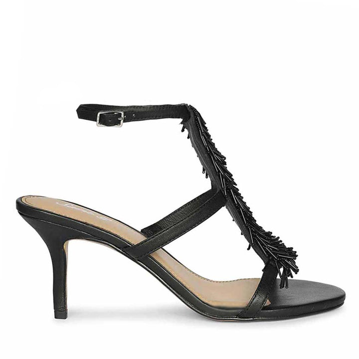 Women Faye Black Leather Fringe Stilettos